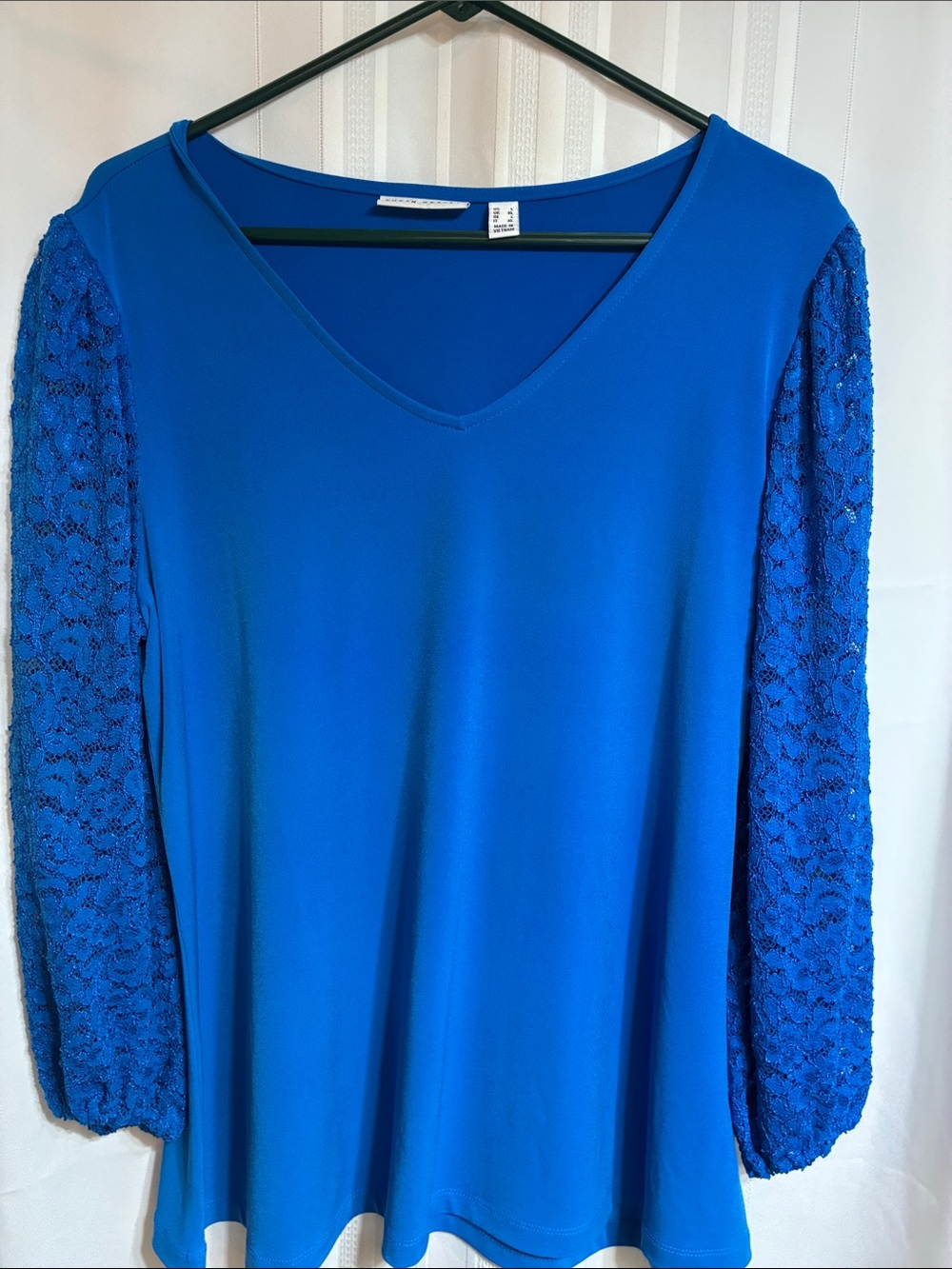 Susan Graver Royal Blue V-Neck Top with Lace Long Sleeves